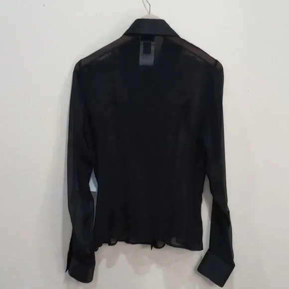 Just Cavalli Sheer Black Silk Blouse with Leopard Ruffle & Satin Trim - 44 / L - Picture 2 of 11